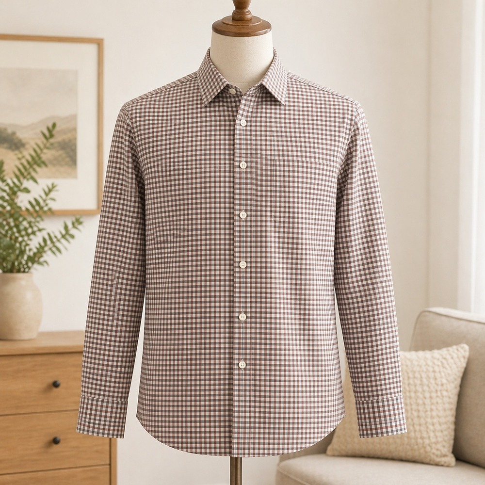 Van Heusen Flex Regular Fit Stretch Shirt‎ Brown Grey Gingham Check Mens L